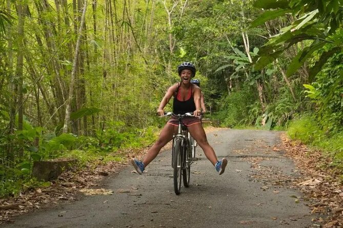 Rainforest Cycling Adventure in St. Lucia - Getting ready with water, juice, bikes, and helmets